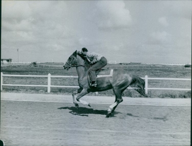 Prince Aly Khan riding a horse on a race track